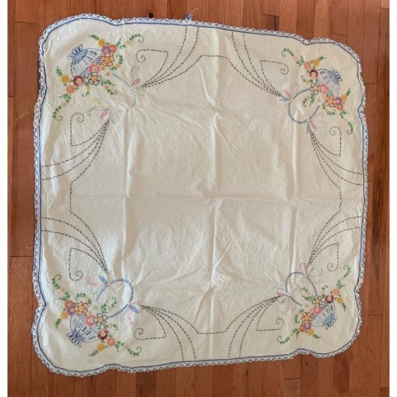 Vintage Hand-Embroidered Floral Tablecloth 39"x40" - Picture 1 of 10